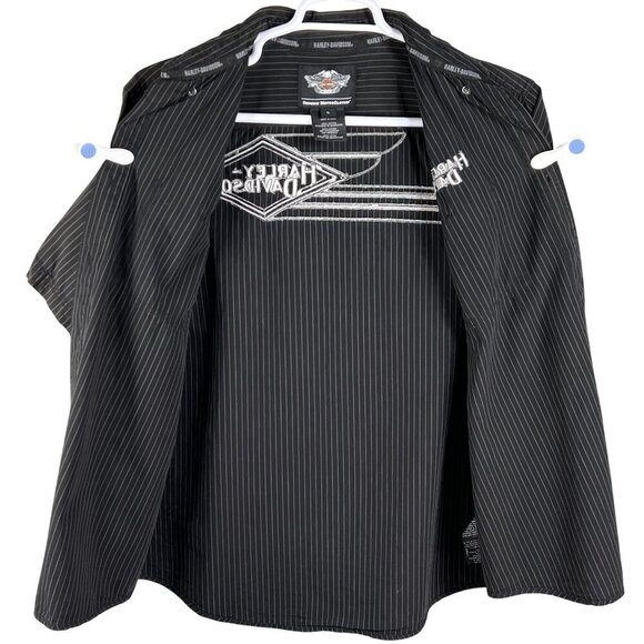 Harley-Davidson Mens L Black Striped Short Sleeve Button-Up Mechanic Shirt Biker - Picture 3 of 16